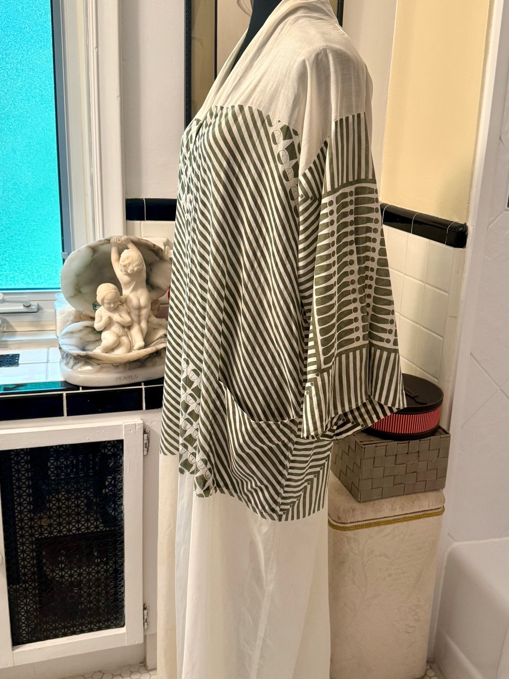 Evan Picone Olive and White Striped Tie-Belt Swim Coverup - Picture 5 of 10
